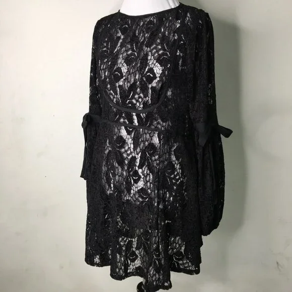 New Free People Women's Black Boho Lace Long Sleeve Dress Size Small - Picture 6 of 15